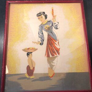 Vintage Asian Silkscreen Serigraph Print of Retro Bumper Bangs Woman